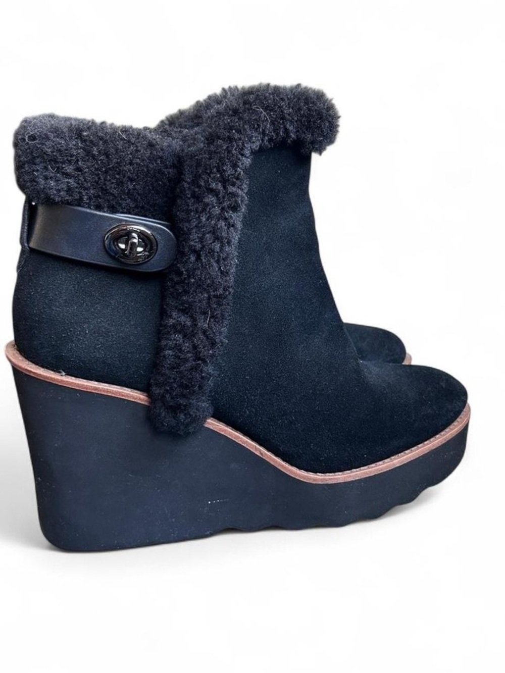 Coach Kingston Black Suede Wedge Ankle Boots with Shearling Cuff